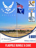 BUNDLE 25' Delta TELESCOPING Flagpole AIR FORCE Edition (Silver) (Pole, Light & Flash Collar)