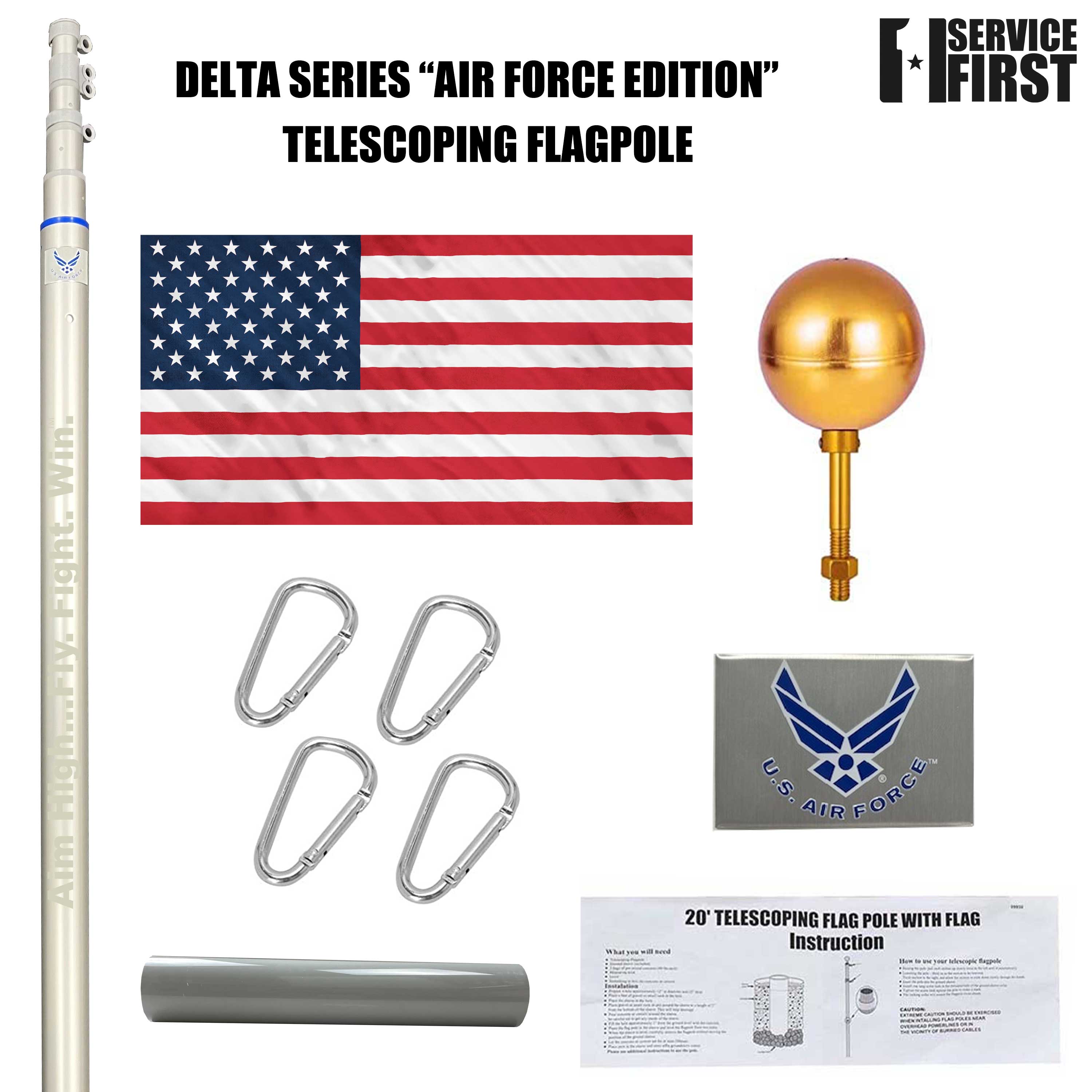 air force theme fishing pole 25' Delta TELESCOPING Flagpole Air FORCE Edition (Silver/Black) Silver / SKY GREY- Yes Please Add a SKY GREY Solar Light ($59.97) / Yes- Add the
