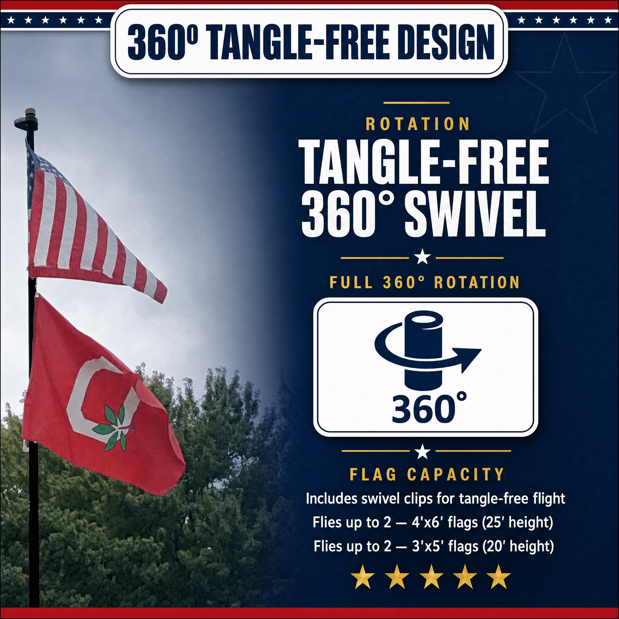 BUNDLE 25' Delta TELESCOPING Flagpole Air FORCE Edition (Silver/Black) (Pole, Light & Flash Collar) Black / Yes