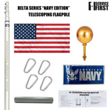 BUNDLE 25' Delta TELESCOPING Flagpole NAVY Edition (Silver) (Pole, Light & Flash Collar)